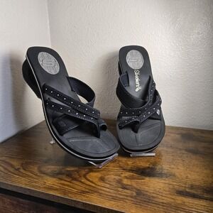 Skechers Sandals Womens Size 9 Black Rhinestone Thong Wedge Slip On Platform